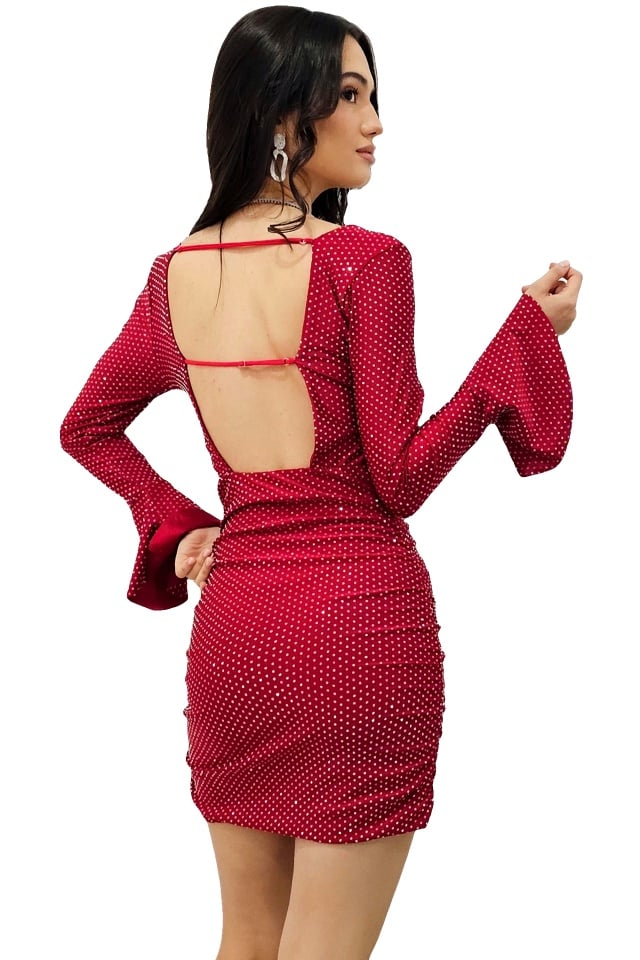 Rochie de evenimente Faylin, cu pietre si spatele gol, Rosu, Marime S/M