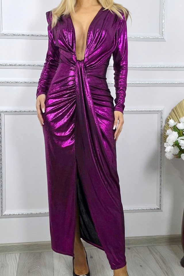 Rochie de evenimente Julietta, cu umeri evidentiati si falduri, Mov, Marime S/M - 2 | YEO