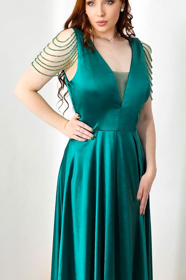 Rochie de ocazie Leontina, cu textura satinata si cristale artizanale, Verde