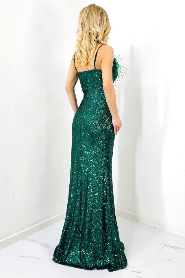 Rochie de ocazie Miss Bonita, cu aspect petrecut, paiete si pene decorative, Verde imperial