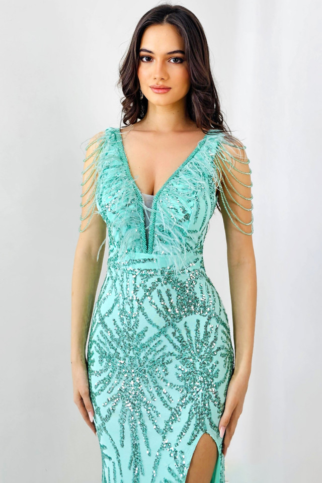 Rochie de seara Lady Margo, cu pene, paiete si decolteu adanc cu tull, Turquoise