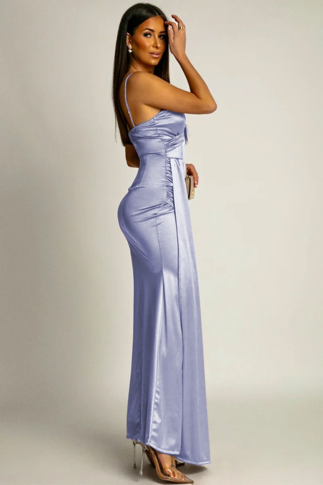 Rochie de seara satinata, OLyna, cu crapatura ampla si fald lateral, Albastru baby blue, Marime S/M - 1 | YEO