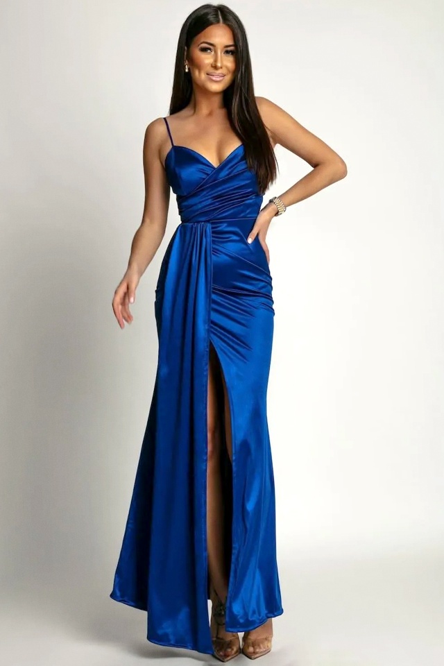 Rochie de seara satinata, OLyna, cu crapatura ampla si fald lateral, Albastru, Marime S/M