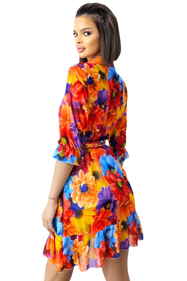 Rochie de vara Kasiana, cu maneca trei sferturi si imprimeu floral, Portocaliu Gerbera, Marime S/M/L