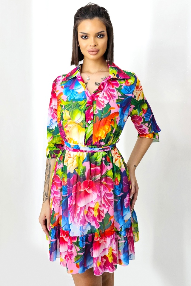 Rochie de vara Kasiana, cu maneca trei sferturi si imprimeu floral, Dahlia multicolor, Marime S/M/L - 2 | YEO