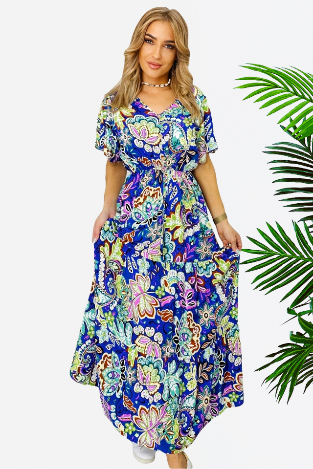 Rochie de vara Mandinga, din bumbac, cu imprimeu tropical, Albastru