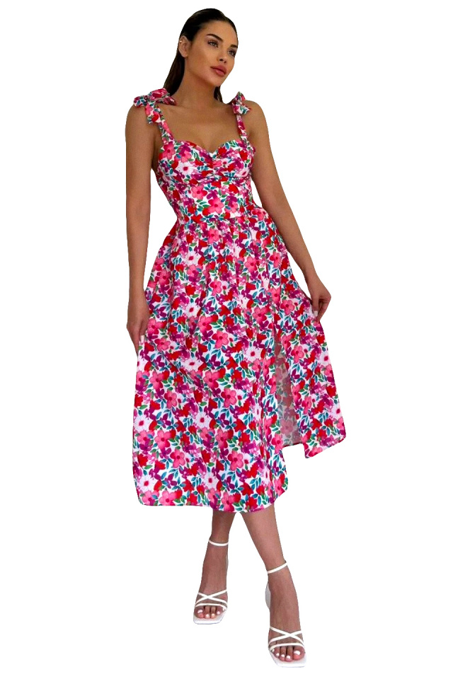 Rochie de vara Masha, cu imprimeu floral, Red Petunia, Marime S/M