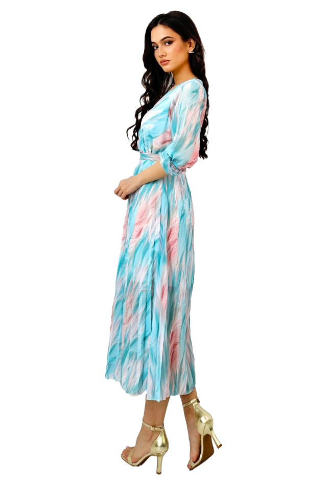 Rochie de zi Fatima, croiala plisata si imprimeu pastelat, Turquoise, Marime S/M