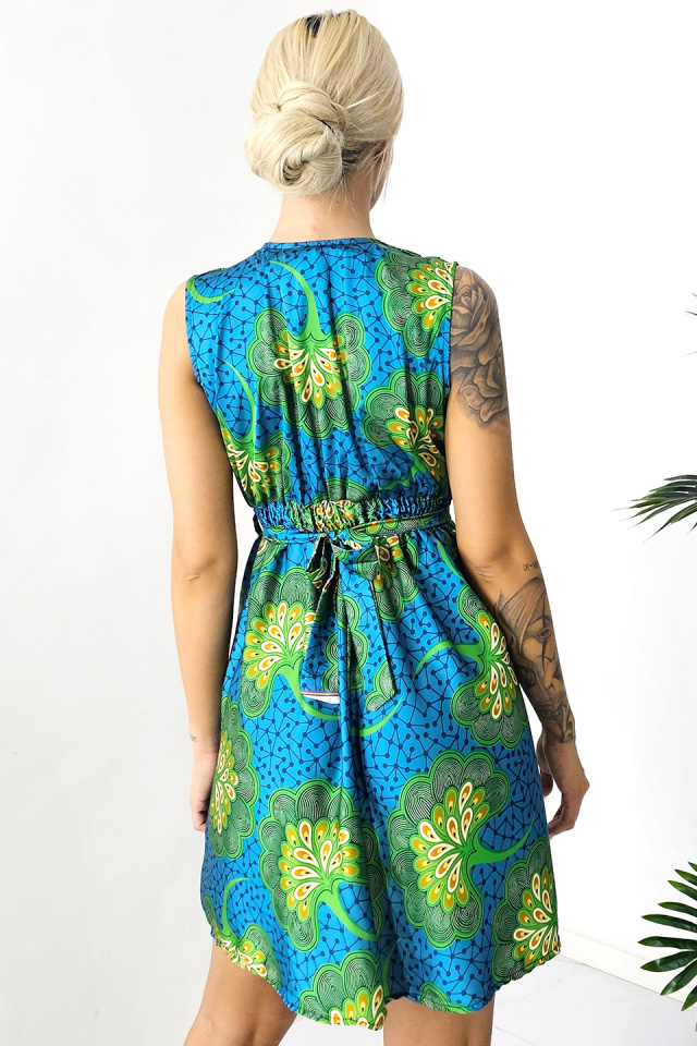 Rochie de zi Matilda, croiala asimetrica si cordon in talie, Peacock, Marime S/M