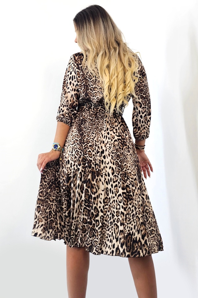 Rochie de zi plisata LUSINDA, cu animal print si curea, Ghepard, Marime S/M - 1 | YEO