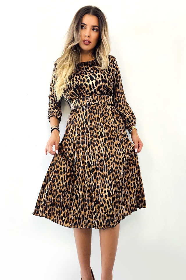 Rochie de zi plisata LUSINDA, cu animal print si curea, Leopard, Marime S/M