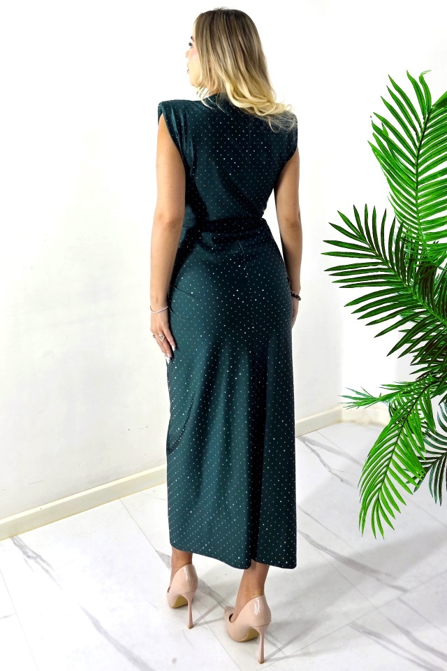 Rochie eleganta cu cristale JHOSY si decolteu adanc, Verde inchis, Marime S/M