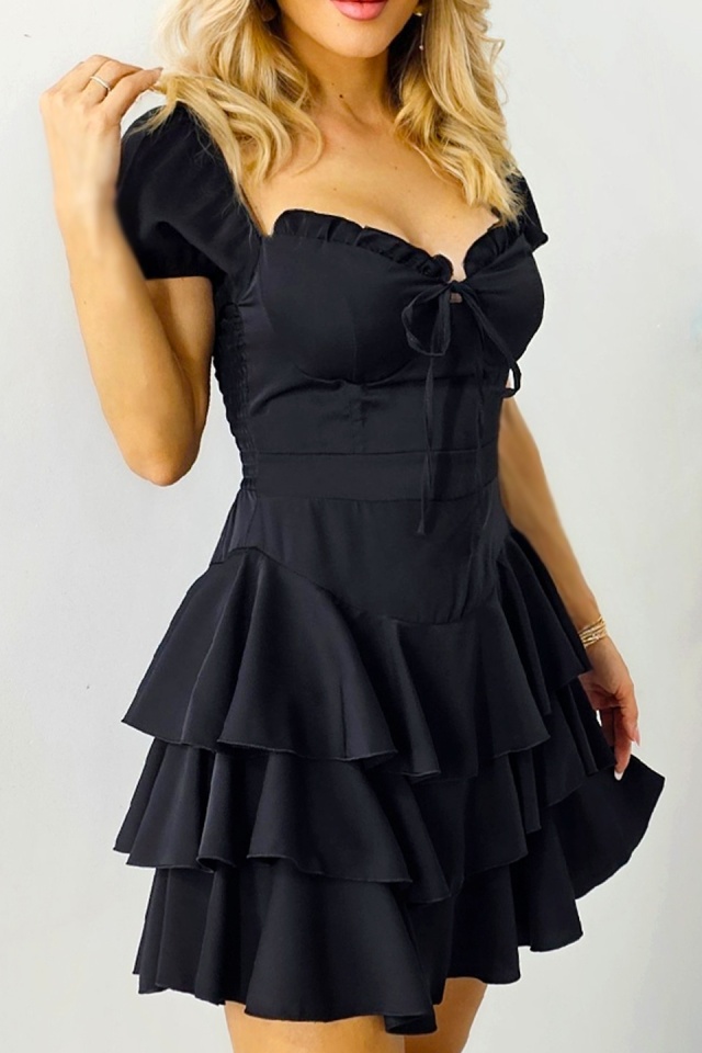 Rochie eleganta de vara NAZRIN, cu maneci bufante si cupe buretate, Negru, Marime S/M