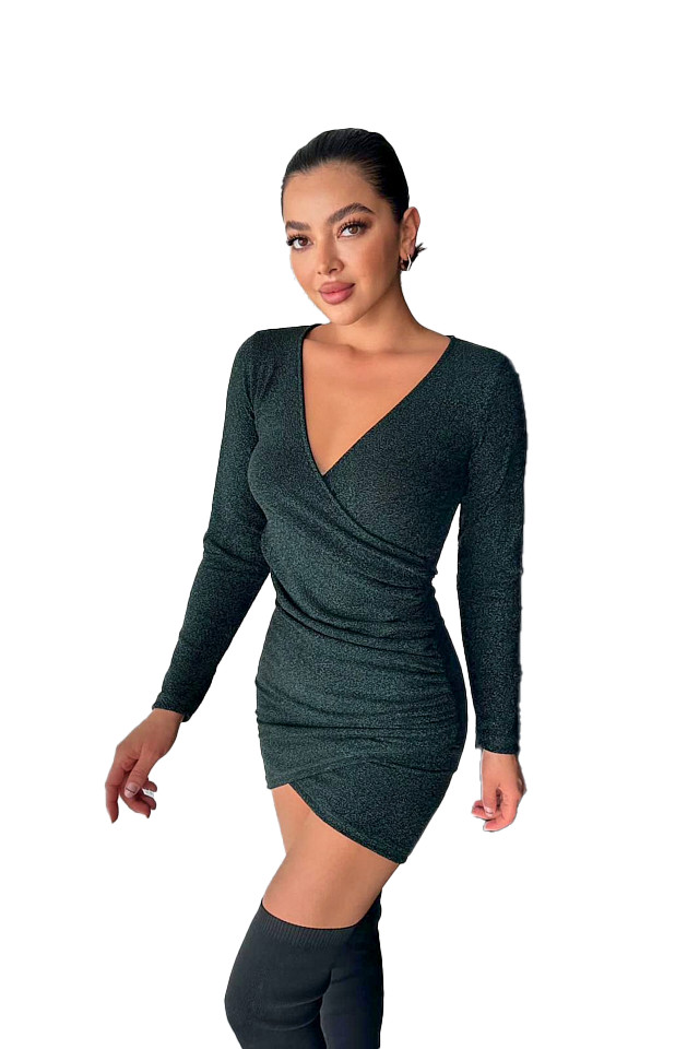 Rochie eleganta Liuba, cu croiala asimetrica, bodycon si fronseuri, Verde