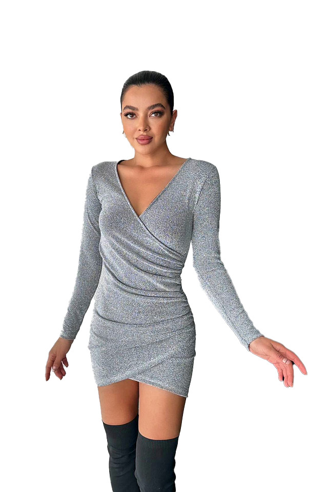 Rochie eleganta Liuba, cu croiala asimetrica, bodycon si fronseuri, Argintiu