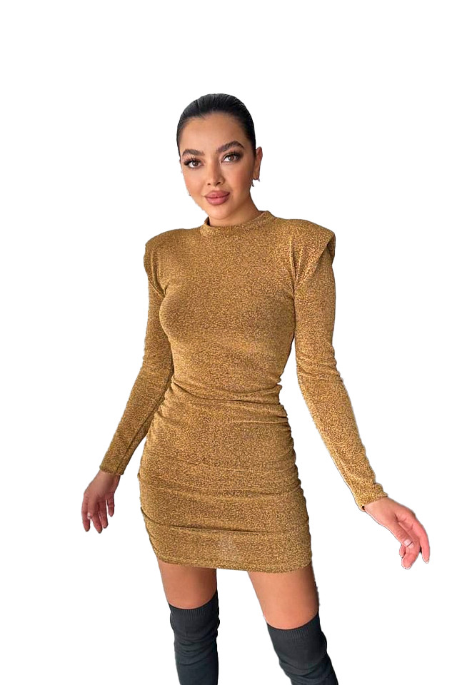 Rochie eleganta MiraBELL, bodycon si croi cu umeri supradimensionati, Auriu