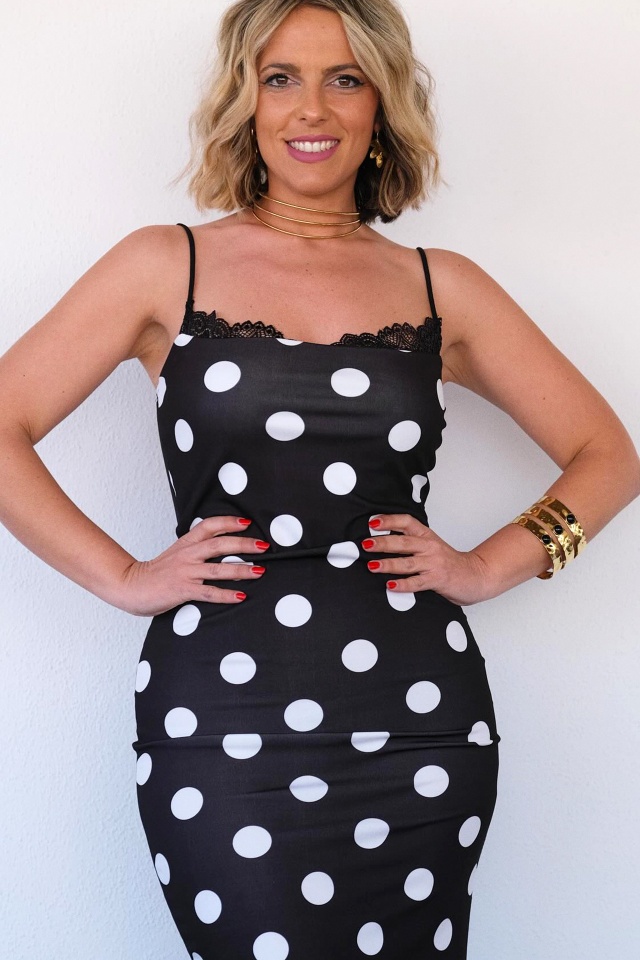 Rochie eleganta SUAVE, imprimeu cu buline si insertii din dantela, Marime S/M