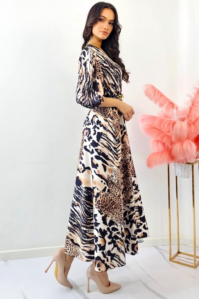 Rochie evazata LORY, cu animal print si curea metalica, Bej - 3 | YEO