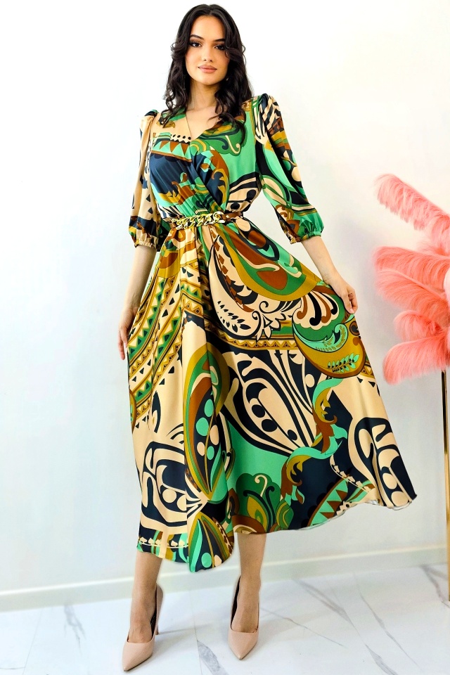 Rochie evazata LORY, cu imprimeu Africa si curea metalica, Verde, 42