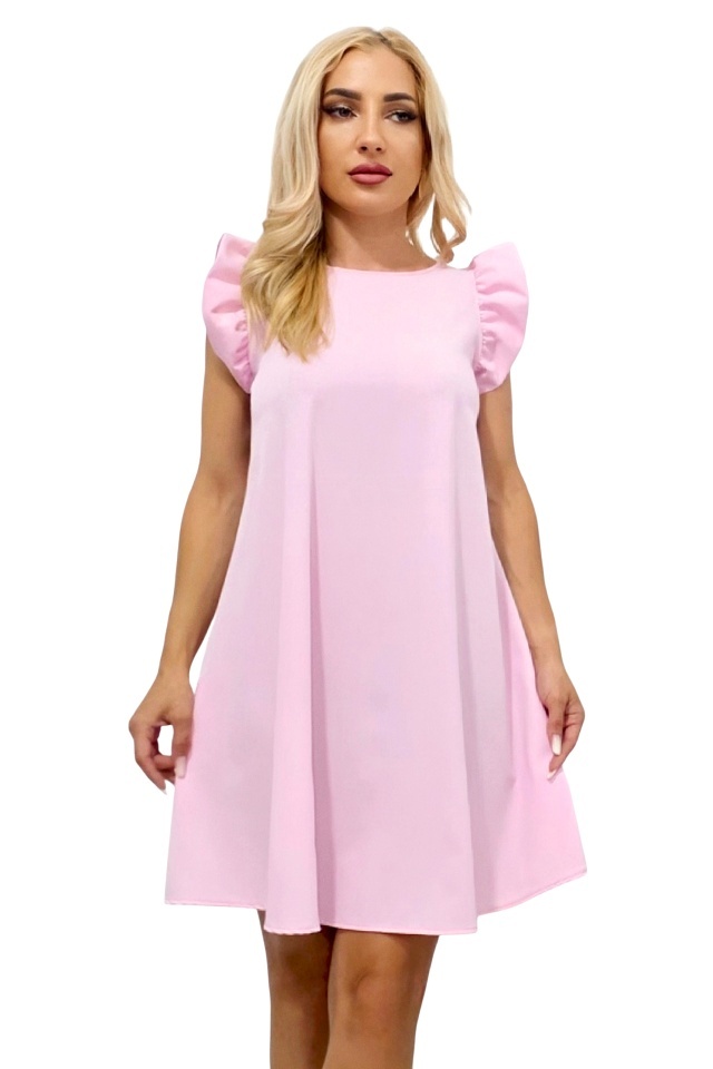 Rochie evazata scurta Azzuro, cu volanase la umeri, Roz pal, Marime universala S/M/L