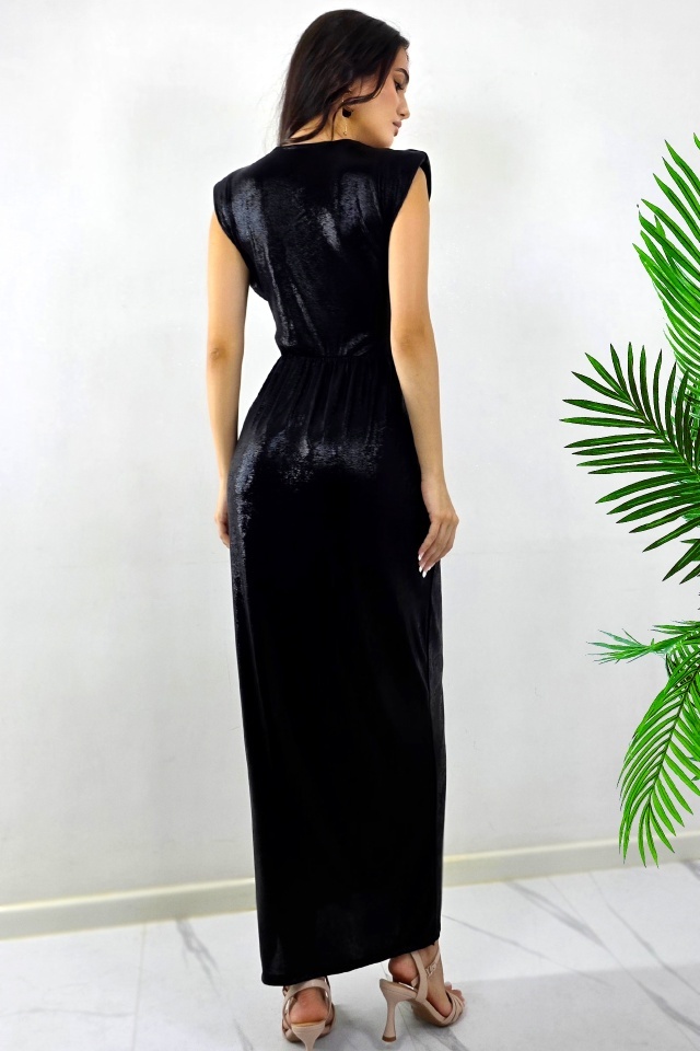 Rochie lunga cu aspect metalic Demetra si decolteu, Negru, Marime S/M - 1 | YEO