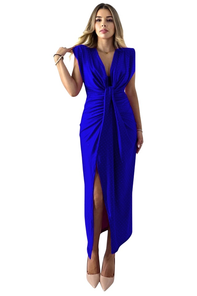 Rochie lunga cu cristale JHOSY si decolteu adanc, Albastru Royal, Marime S/M
