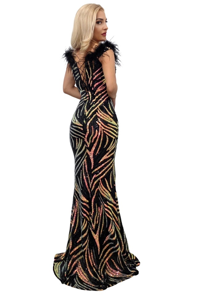 Rochie lunga de ocazie VaLLia, croi sirena, cu paiete multicolore si pene, Negru