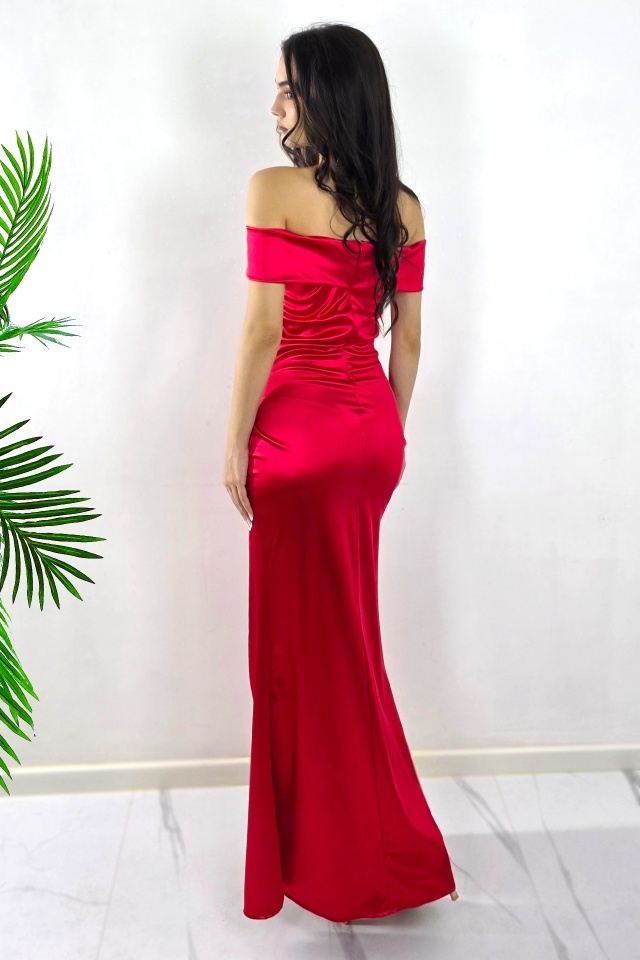 Rochie lunga de seara, DHALIA cu decolteu bateau pe umeri, Rosu, Marime S/M