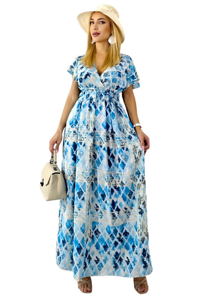 Rochie lunga ISHANI, cu aspect matasos si ciucuri decorativi, Albastru, Marime S/M/L