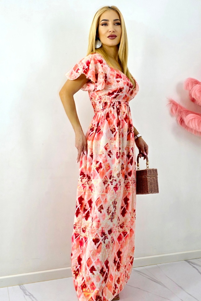 Rochie lunga ISHANI, cu aspect matasos si ciucuri decorativi, Corai, Marime S/M/L - 1 | YEO