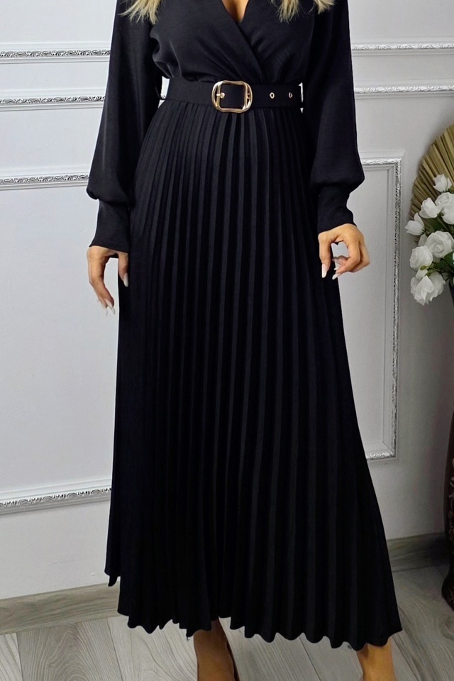 Rochie lunga office NOVARA, curea asortata si revere, Negru, Marime S/M
