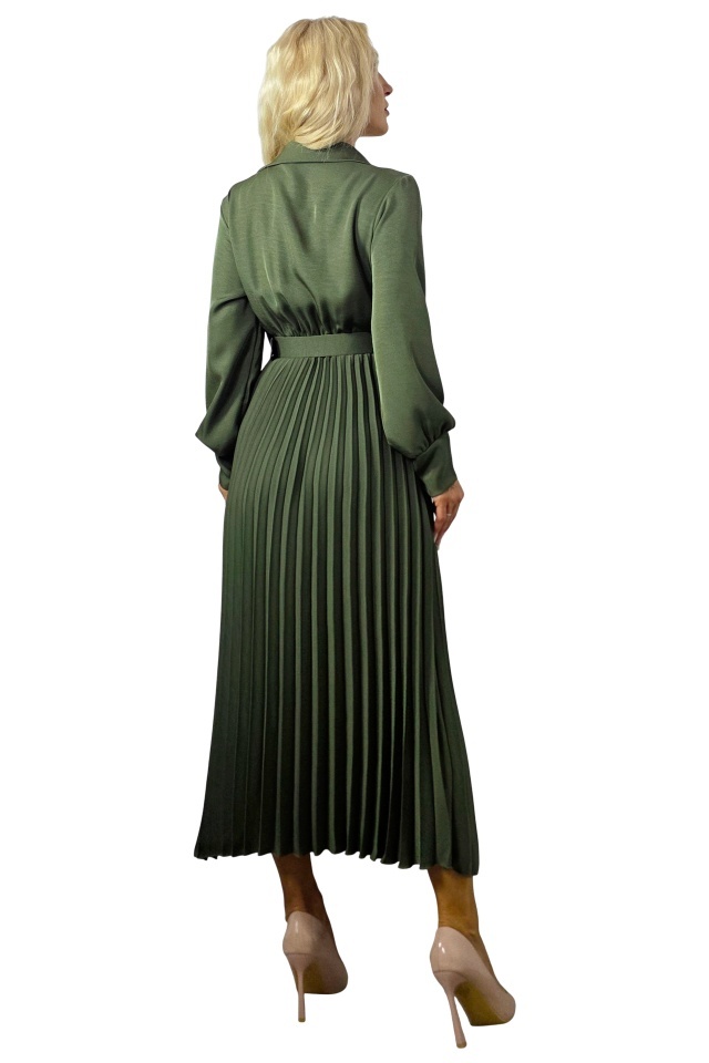 Rochie lunga plisata NOVARA, efect petrecut si revere, Verde Olive, Marime S/M