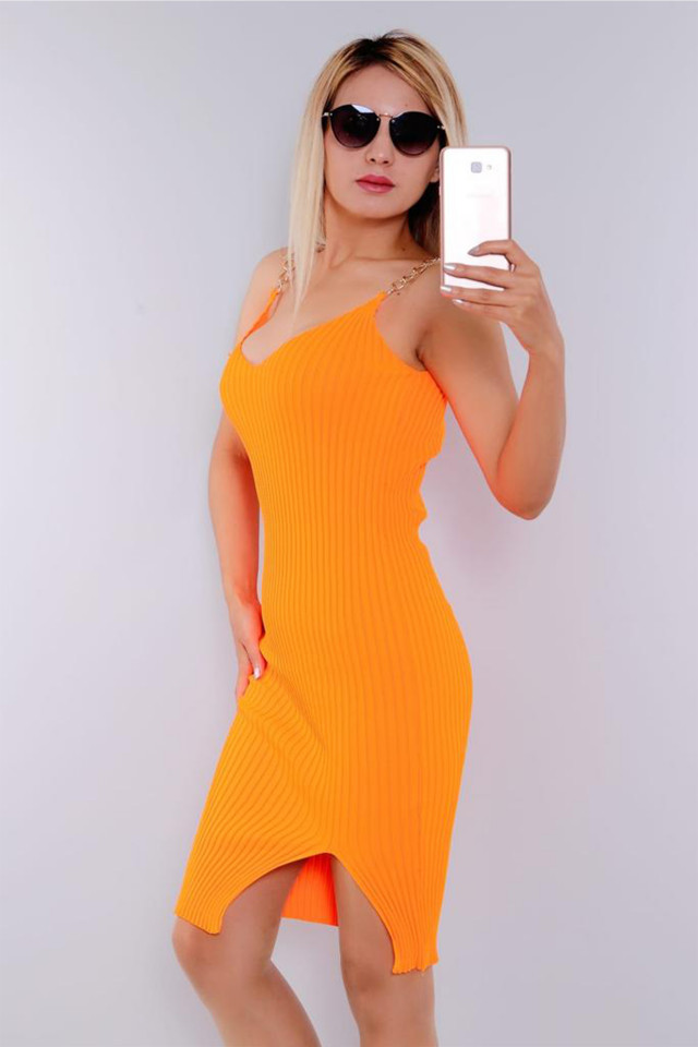 Rochie mulata Sofy, cu bretele din lant, Orange, Marime S/M - 1 | YEO