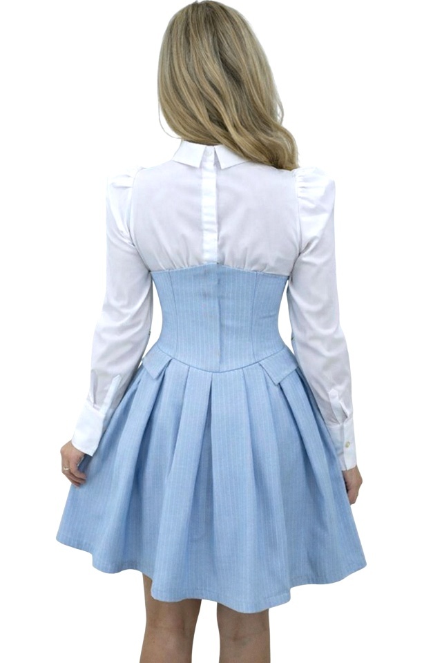 Rochie office tip camasa TOMYNA, bumbac si brosa inclusa, Baby Blue, Marime S/M