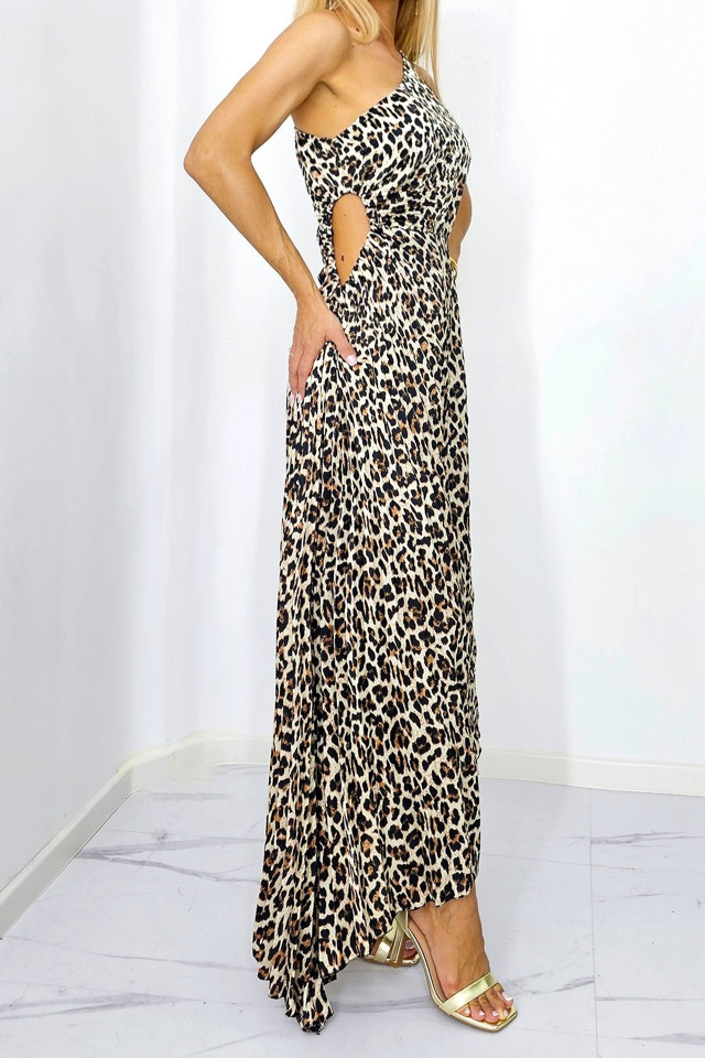 Rochie plisata asimetrica Elza, cu decupaj in zona taliei, Animal print - leopard, Marime S/M