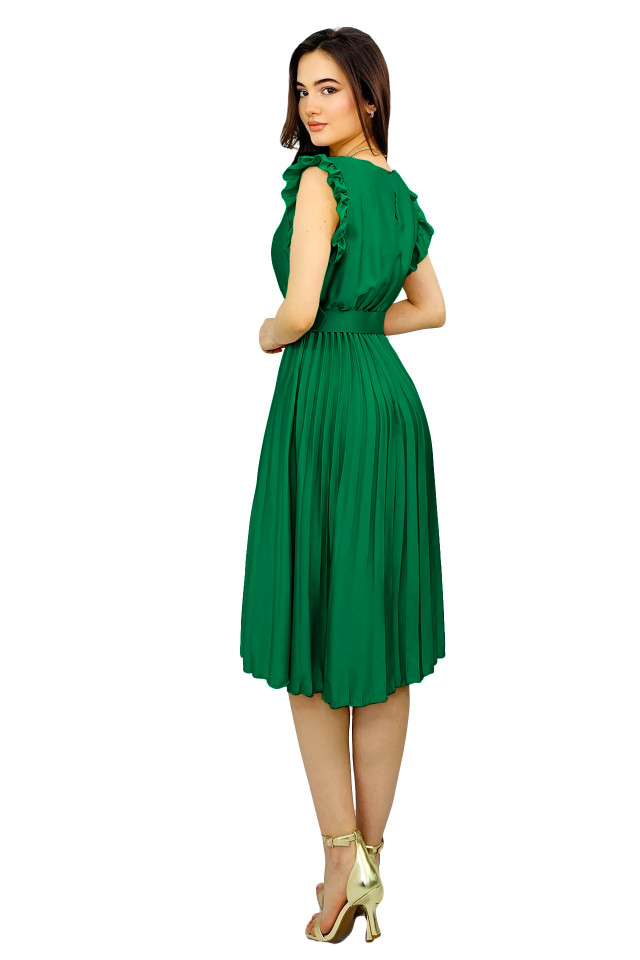 Rochie plisata midi, Elenor, cu volanase si curea asortata, Verde smarald, Marime universala S/M