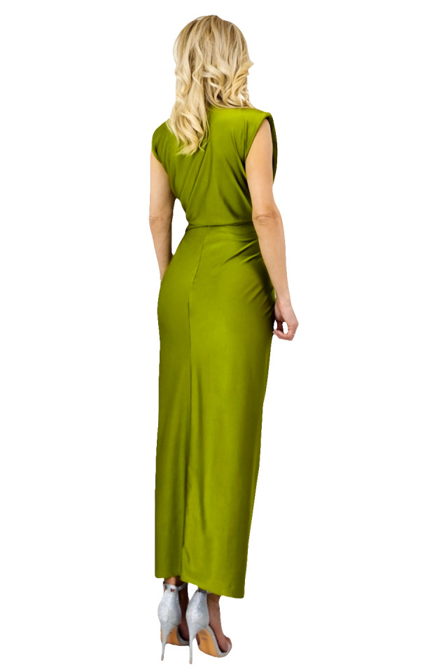 Rochie satinata Ilaria, croiala conica si decolteu adanc, Verde olive, Marime S/M