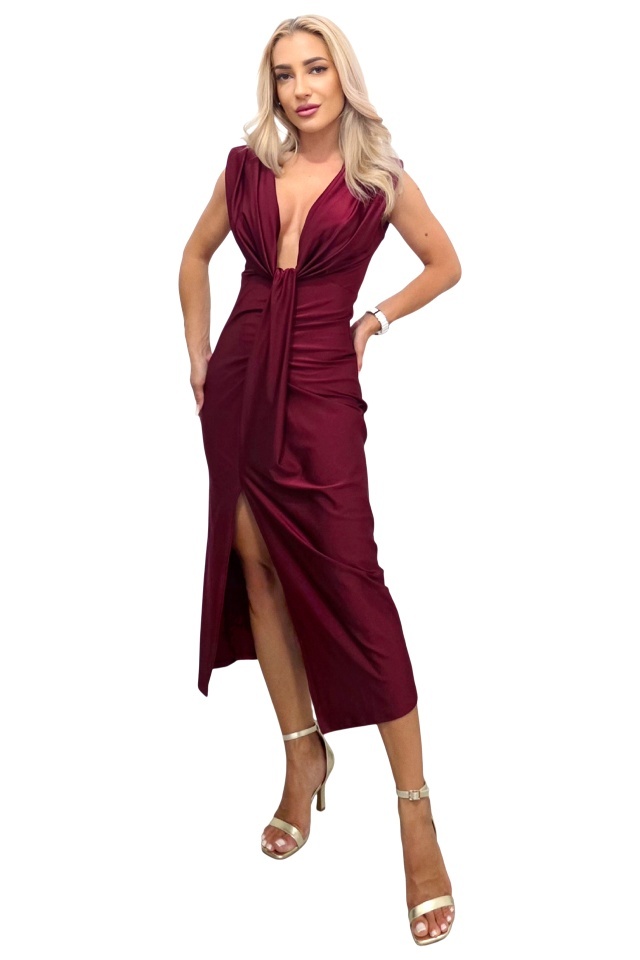 Rochie satinata Ilaria, croiala medie si crapatura pe picior, Visiniu, Marime S/M