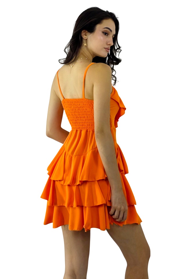 Rochie scurta AUGUSTina, babydoll cu volane asimetrice, Orange, Marime S/M