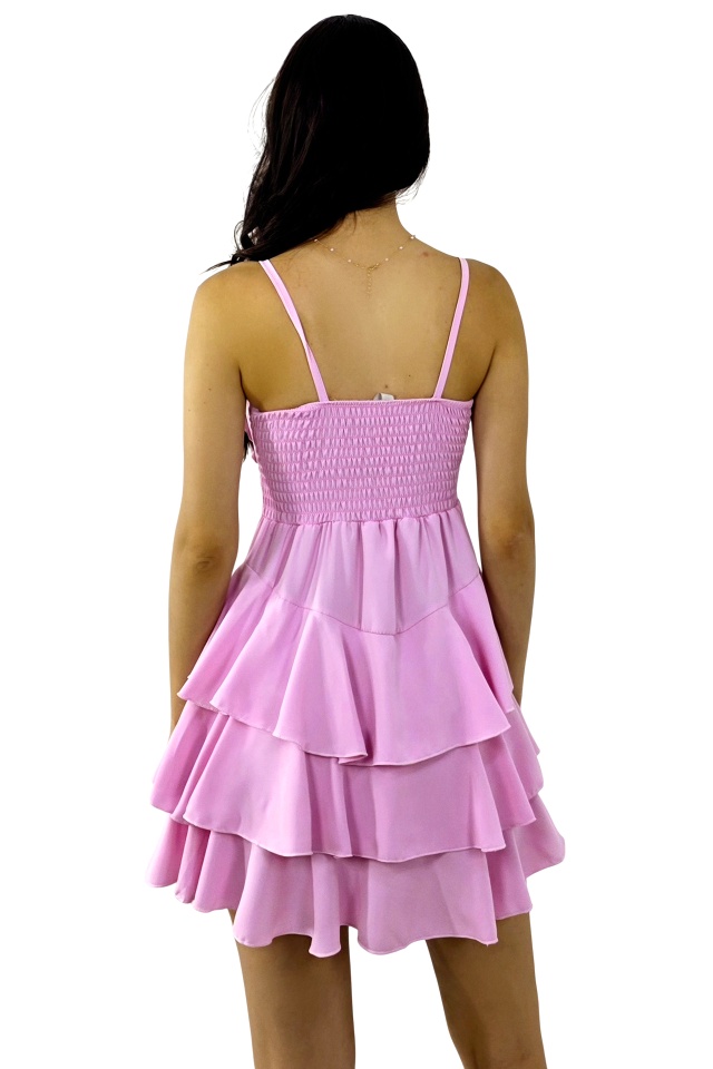 Rochie scurta AUGUSTina, babydoll cu volane asimetrice, ROZ, Marime S/M
