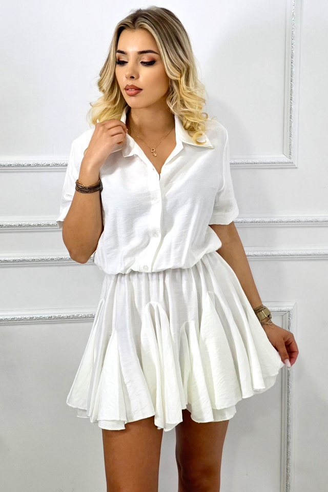 Rochie scurta, casual Peony, cu volane si revere, ALB, Marime S/M
