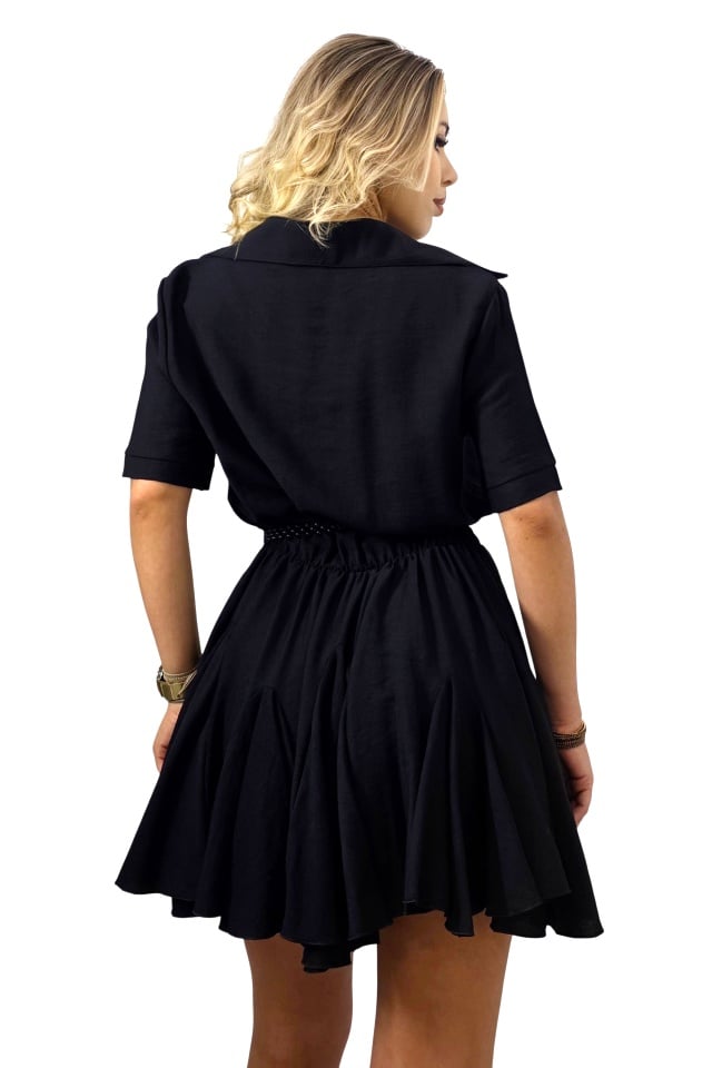 Rochie scurta, casual Peony, cu volane si revere, Negru, Marime S/M