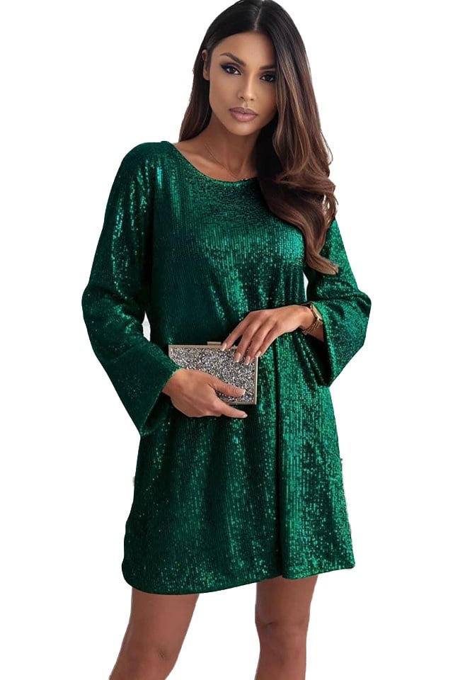 Rochie scurta cu paiete TizHea si funda oversize la spate, Verde, Marime S/M - 1 | YEO