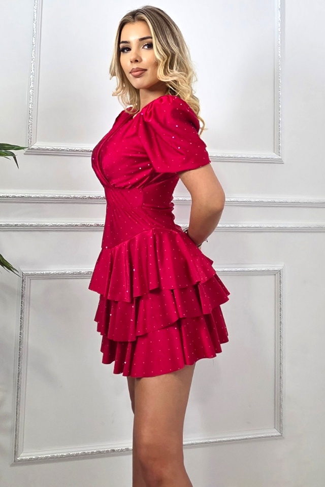 Rochie scurta de banchet, NAYABI, cu volane si cristale, Rosu, Marime S/M