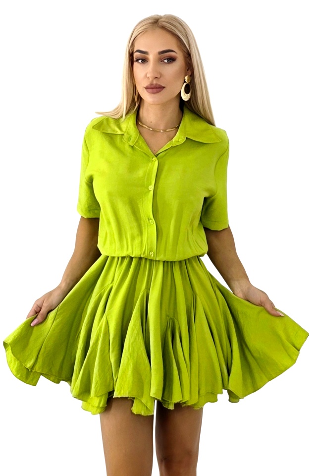 Rochie scurta, de zi, Peony, cu volum si volane, Verde, Marime S/M
