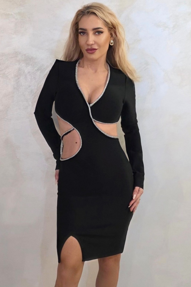 Rochie scurta, decupata LYORA, cu pietre artizanale, Negru, Marime S/M