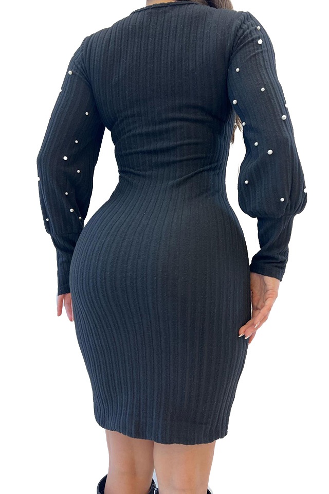 Rochie scurta, mulata, Polska, din tricot cu perle, Negru, Marime S/M