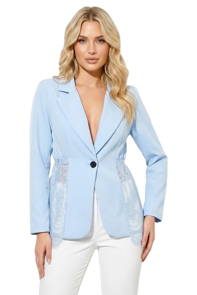 Sacou elegant Roselle, cu panou asimetric din dantela, Blue, Marime S/M