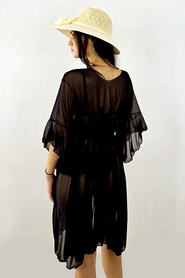 Set de plaja trei piese NaLLa-Zeny, cardigan si costum de baie cu paiete, Negru - 1 | YEO