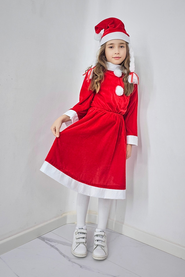 Set rochie Craciunita din catifea, Missy Claus, cu caciula si codite, Marime 3-5 ani - 3 | YEO
